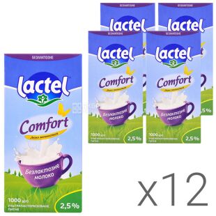 Lactel, Упаковка 12 шт. х 1л, Молоко ультрапастеризованное безлактозное с витамином D 2,5% Лактель