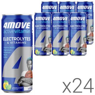 4MOVE Active Vitamin Electrolytes, Упаковка 24 шт. х 0,33 л, Напій газований вітамінізований, Лимон та М'ята, ж/б