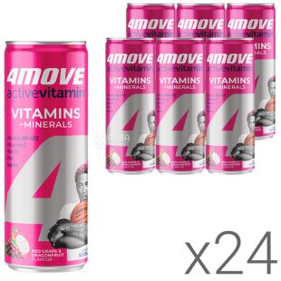 4MOVE Active Vitamins Dragonfrut & Grape, Упаковка 24 шт. х 0,33 л, Напій газований вітамінізований, Виноград та Пітахая, ж/б