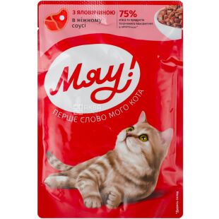 Мяу! 85 г, Влажный корм для взрослых котов, с говядиной в нежном соусе