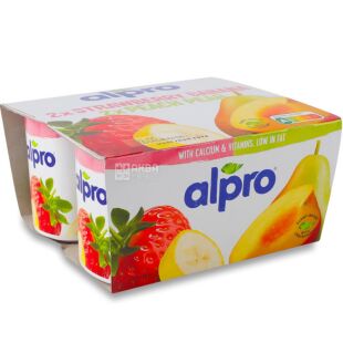 Alpro Strawberry-Banana and Peach-Pear, 4 шт. х 125 г, Йогурт соєвий Полуниця-Банан та Персик-Груша, з вітамінами, стакан, 2,1% 