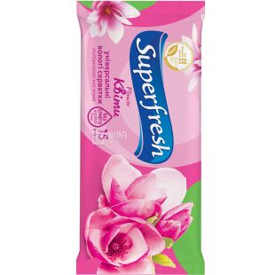 Superfresh Flower, 15 шт., СуперФреш, Серветки вологі з квітковим ароматом, кишенькові