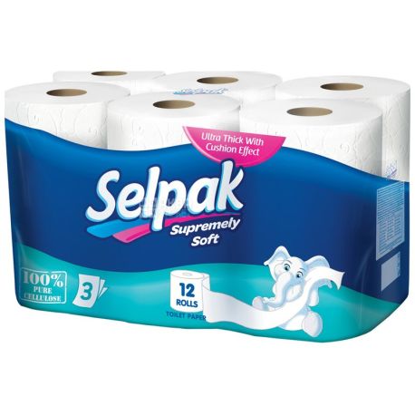 Selpak Supremely Soft, 12 рул., Туалетний папір Селпак Супремлі Софт, 3-х шаровий