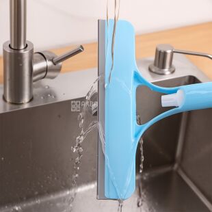 Двусторонняя щетка для мытья стекол с распылителем, пластиковая, голубая