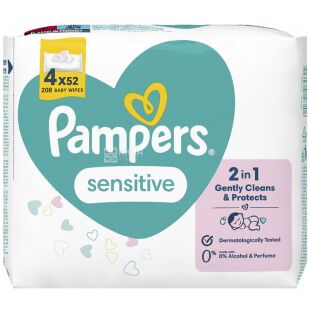 Pampers Sensitive, 4 х 52 шт., Памперс, Салфетки влажные детские, без клапана