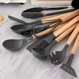 Набір кухонного приладдя з антипригарним покриттям, 12 предметів, термостійкий, чорний