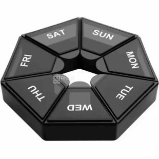 Органайзер для таблеток пластиковий на тиждень, чорний, D8 см