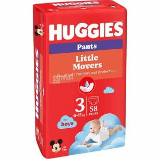 Huggies Little Movers Mega, 58 шт., Подгузники-трусики для мальчиков Хаггис, размер 3, 6-11 кг