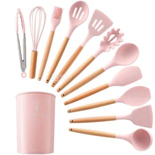 Набір кухонного приладдя з антипригарним покриттям, 12 предметів, термостійкий, рожевий