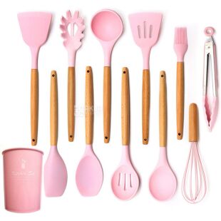 Набір кухонного приладдя з антипригарним покриттям, 12 предметів, термостійкий, рожевий