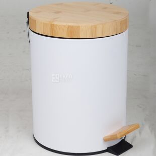 ViO 5B9-ROM, 5 л, Відро для сміття з педаллю і бамбуковою кришкою та внутрішнім пластиковим контейнером, металеве, біле