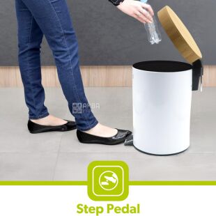 ViO 5B9-ROM, 5 л, Відро для сміття з педаллю і бамбуковою кришкою та внутрішнім пластиковим контейнером, металеве, біле