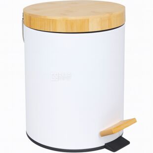ViO 5B9-ROM, 5 л, Відро для сміття з педаллю і бамбуковою кришкою та внутрішнім пластиковим контейнером, металеве, біле