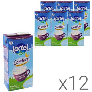 Lactel, Упаковка 12 шт, по 1 л, 0,2%, Молоко безлактозне, з вітаміном D, ультрапастеризоване