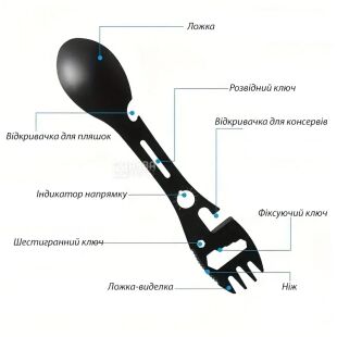 Туристична виделка 9в1, металева, чорна, 175 мм