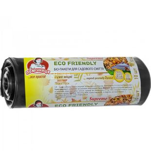 Помічниця, Eco Friendly Supreme, 10 шт., 120 л, Екопакети для садового сміття, без зав'язок, чорні