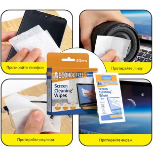 Салфетки для очистки экранов и оптики, без спирта, 40 шт.
