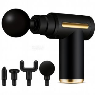 Масажер-пістолет для тіла зі змінними насадками, 6 режимів, акумуляторний, чорний