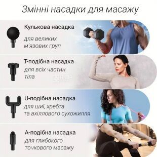 Массажер-пистолет для тела со сменными насадками, 6 режимов, аккумуляторный, черный 