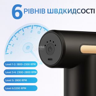 Масажер-пістолет для тіла зі змінними насадками, 6 режимів, акумуляторний, чорний