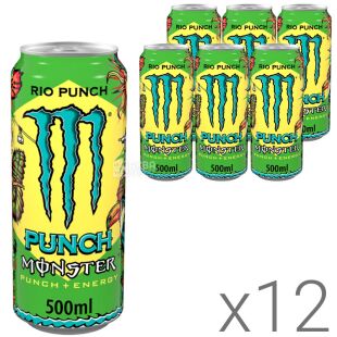 Monster Energy Rio Punch, Упаковка 12 шт. х 0,5 л, Напій енергетичний безалкогольний Ваніль, Папая та Смородина
