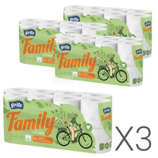 Grite Family, 16 рул., Упаковка 3 шт., Грит Фемілі, Папір туалетний, макулатурний, 3 шари