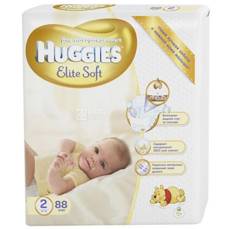 Huggies, 2 / 88 шт. 3-7 кг, подгузники, Elite Soft Mega