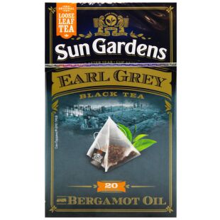 Sun Gardens, Earl Grey, 20 пак, х 2 г, Чай Сан Гарденс, Ерл Грей, чорний з бергамотом, крупнолистовий