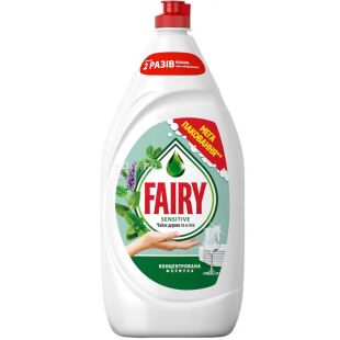 Fairy 1350 мл, Засіб для миття посуду, Чайне дерево і м'ята, безфосфатний, концентрат, з дозатором