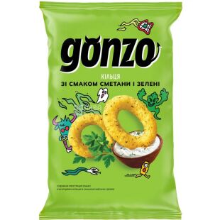 Gonzo, 40 г, Снеки кукурузные кольца со вкусом Сметаны и Зеленые Гонзо