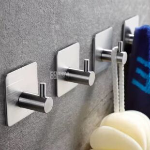 Крючок настенный на клейкой основе, нержавеющая сталь, серебристый, 1 шт., 45х45 мм