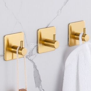 Крючок настенный на клейкой основе, нержавеющая сталь, золотистый, 1 шт., 45х45 мм