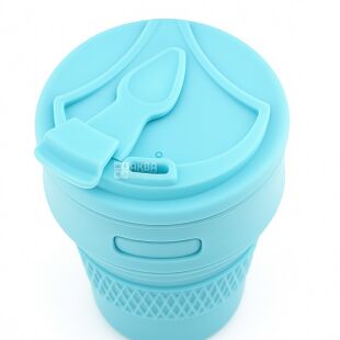 Стакан силиконовый с крышкой, складной, 350 мл, голубой
