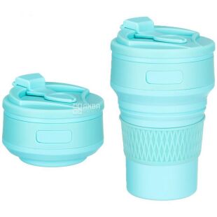 Стакан силиконовый с крышкой, складной, 350 мл, голубой