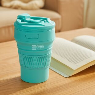 Стакан силиконовый с крышкой, складной, 350 мл, голубой