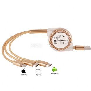 Кабель-рулетка для зарядки MicroUSB, Type-C, Lightning, 1 м, золотистый  