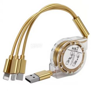 Кабель-рулетка для заряджання MicroUSB, Type-C, Lightning, 1 м, золотистий  