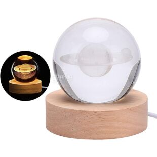 3D-Нічник скляна куля Сатурн, з дерев'яною основою, USB