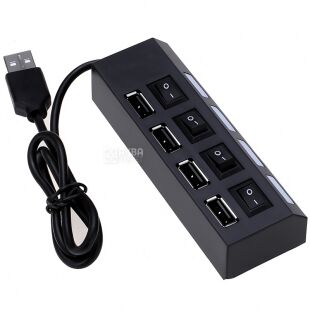 USB HUB 4-портовый с индивидуальными переключателями, черный