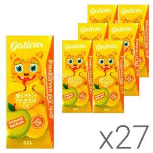 Galicia, Упаковка 27 шт. х 0,2 л, Сік натуральний Яблучно-Грушевий Галіція, без цукру, з трубочкою