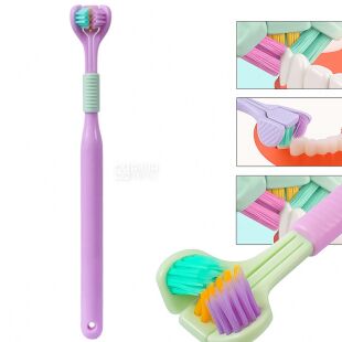 Зубна щітка тристороння, з м’якою щетиною та U-подібною голівкою для чищення язика, фіолетова, 195 мм