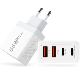 Адаптер быстрой зарядки с портами USB-A  и Type-C, 55W