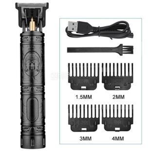 Vintage T9, Машинка для стрижки, з насадками, акумуляторна, чорна