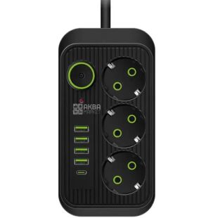Подовжувач з вимикачем на 3 розетки, з портами USB та Type C, 2500 Вт, 2 м, чорний
