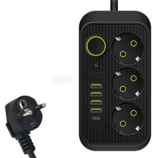 Подовжувач з вимикачем на 3 розетки, з портами USB та Type C, 2500 Вт, 2 м, чорний