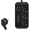 Удлинитель с выключателем на 3 розетки, с портами USB и Type C, 2500 Вт, 2 м, черный