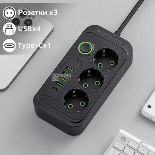 Подовжувач з вимикачем на 3 розетки, з портами USB та Type C, 2500 Вт, 2 м, чорний