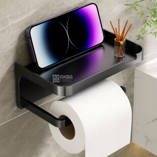 Тримач для туалетного паперу з поличкою, чорний, пластиковий 