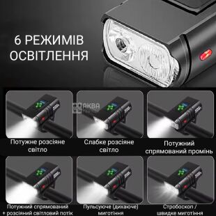 Фонарик для велосипеда, аккумуляторный, светодиодный, 6 режимов, черный
