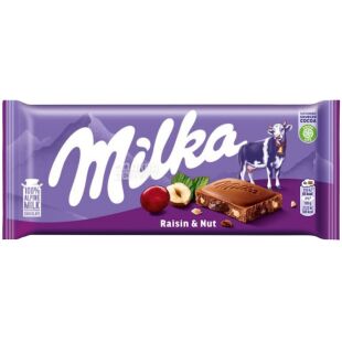 Milka Raisin & Nuts,90 г, Милка, Шоколад молочный с измельченными лесными орехами и изюмом